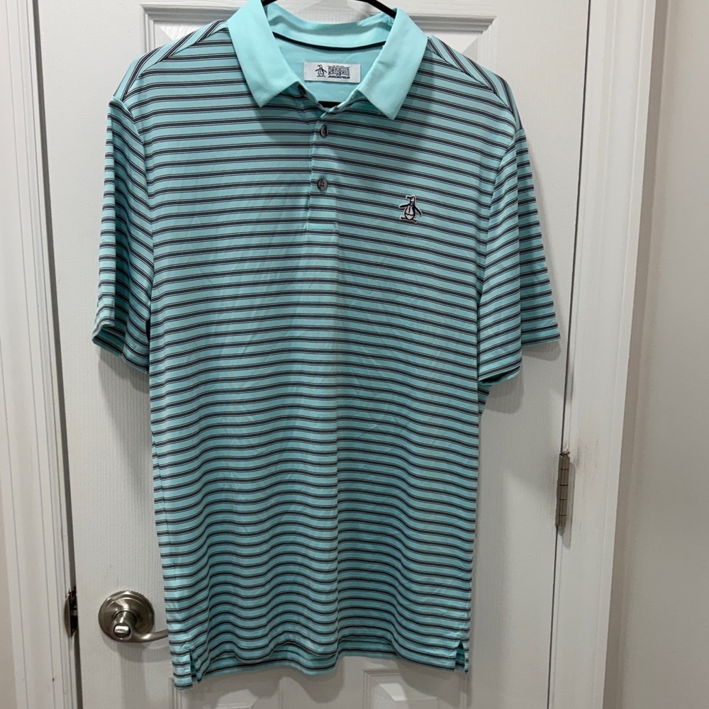 Original Penguin Men's Polo Shirt - Aqua and Black Stripes